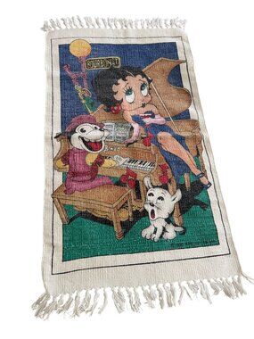 Vintage Rectangular Woven Betty Boop Rug Wall Hanging Multicolor Collectible